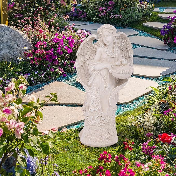 Outdoor Statues Angel Décor Garden Statue,23.5" H Angel Statue, Resin Angel with Bird Figurine,Gifts for Women and Men,Outdoor Garden Decor Ornaments for Outside (White)-Ruum Studio Home