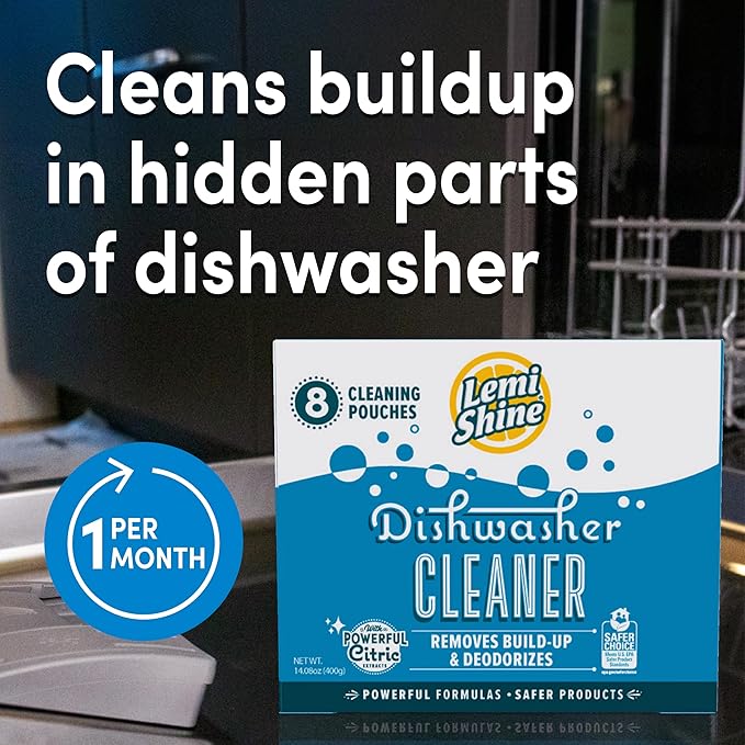Lemi Shine Natural Dishwasher Cleaner Powered By Citric Acid | 100% Guaranteed Hard Water Cleaning Powder | Eco-Friendly Dishwasher Cleaner and Deodorizer With Fresh Lemon Scent (8 Count)-Ruum Studio Home