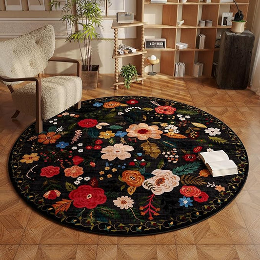 Round Rug 4ft Washable Circle Rug Non Slip Low Pile Boho Floral Small Circular Rug for Bedroom, Bathroom, Entryway, Kids Room, Office, College Dorm(Black)-Ruum Studio Home