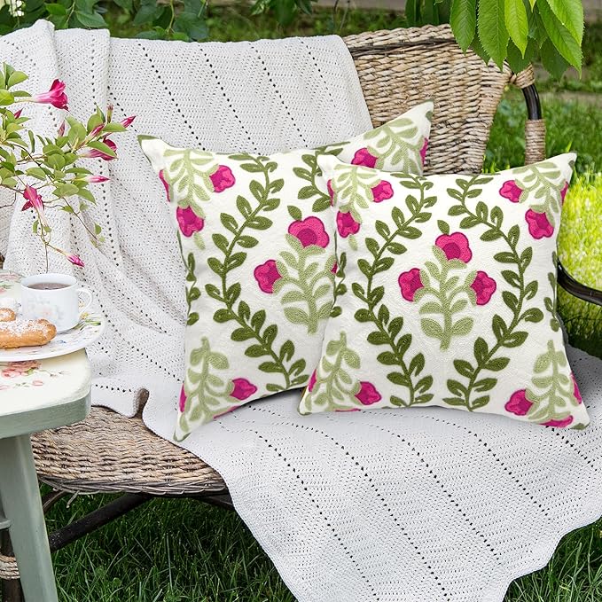 Alysheer Floral Embroidered Summer Decorative Throw Pillow Covers 20"x 20" Set of 2, Farmhouse Cottage Hot Pink Flowers Green Leaves Knit Pattern Cotton Canvas Cushion Case for Couch Bed Living Room-Ruum Studio Home