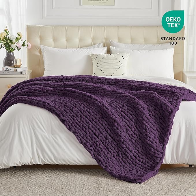 Carriediosa Chunky Knit Throw Blanket 60" X 80" Twin, 100% Hand Made Large Chenille Loop Yarn Soft Fluffy Throws for Couch Sofa Bed, Big Crochet Cozy Heavy Thick Cable Woven Blanket, Dark Purple-Ruum Studio Home