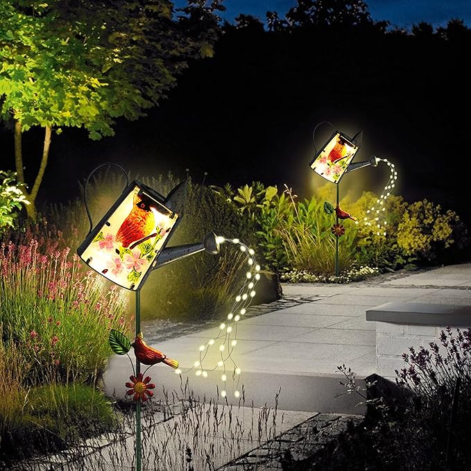 Garden Solar Lights Outdoor, Metal Watering Can Garden Stake Lights Cardinal Bird Decor Glass Art for Walkway, Pathway, Yard, Lawn-Ruum Studio Home