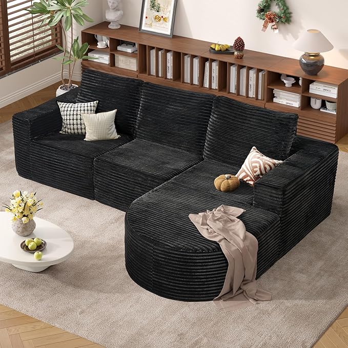 Modular Sectional Sofa with L-Shape Chaise,Cloud Sectional Modern Sleeper Couch with Deep Seat,Sponge Compression Sofas No Assembly Required (Black-Sherpa Fabric) 1PCS-Ruum Studio Home