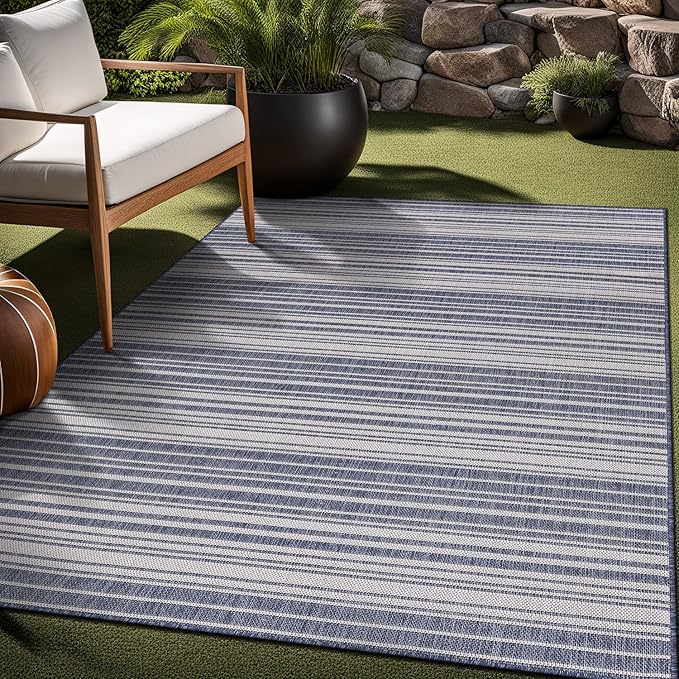Stripe Outdoor Rug 9x12 Washable Outside Carpet for Indoor Patio Porch Waterproof Easy Cleaning Non Shedding Area Rugs Blue 9 x 12-Ruum Studio Home