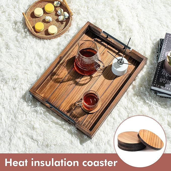 Ottoman Tray | Decorative Coffee Table Tray with Handles - Wooden, 17x13 Inch - Includes 4 Coasters - Ideal for Ottoman, Breakfast-Ruum Studio Home