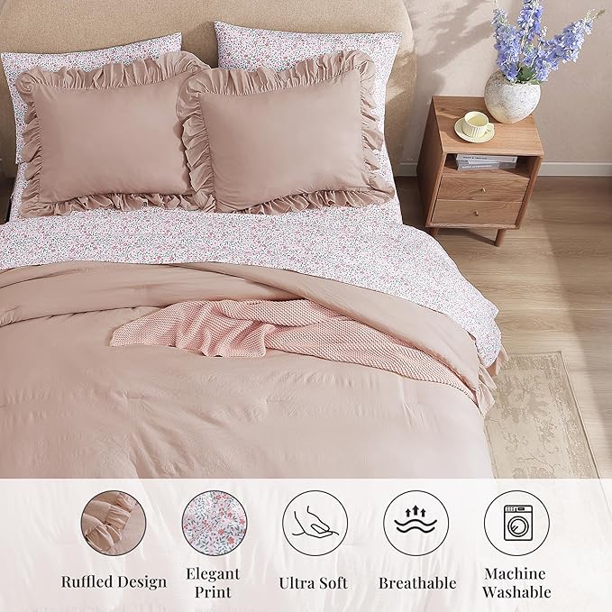 King Comforter Set - 7 Pieces Ruffle Pink Bedding Sets, Shabby Chic Farmhouse Bed in a Bag King with Ruffle Comforter, Floral Sheets, Pillowcases & Shams-Ruum Studio Home