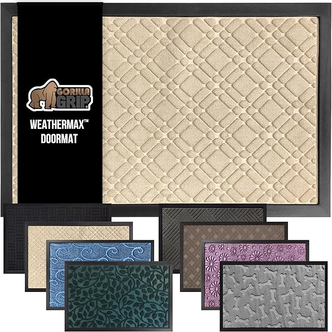 GORILLA GRIP 100% Waterproof All-Season WeatherMax Doormat US Designed Natural Rubber, Stain and Fade Resistant, Low Profile Indoor Outdoor Door Mats, Easy Clean Patio Mat, 17x29, Modern Latte-Ruum Studio Home