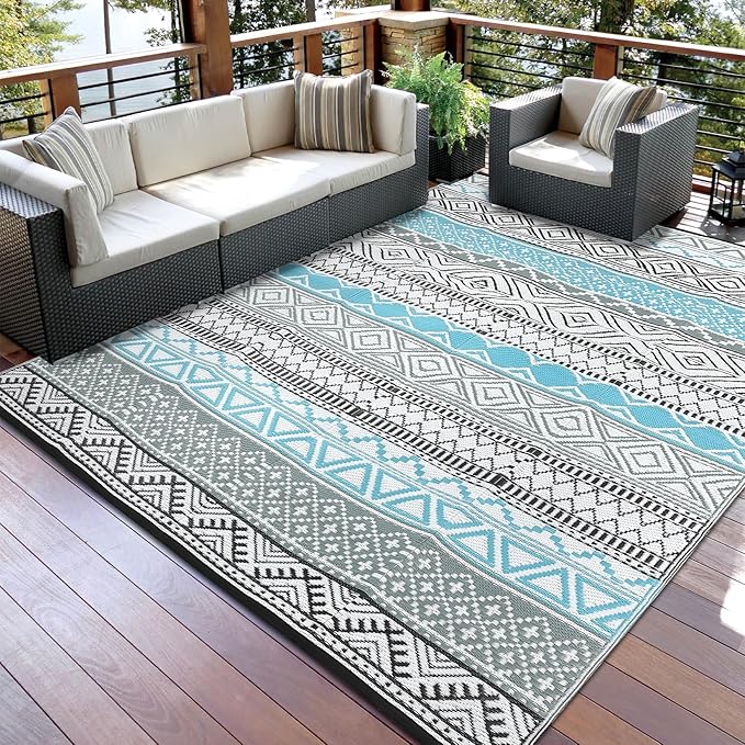 GAOMON Outdoor Rug 9'x12' Waterproof Rug for Patio Decor, Foldable Reversible Plastic Straw Area Rugs Mat for Camper, Outside Carpet for Deck, Porch, Picnic, Beach, Blue/Grey(Bohemia)-Ruum Studio Home