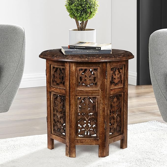 Lightnpro Handcrafted Wooden Round Accent Table - Vintage Farmhouse Octagonal Side End Table with Intricate Carvings for Living Room, Bedroom, Entryway - 18x18 Inch - Burnt-Ruum Studio Home