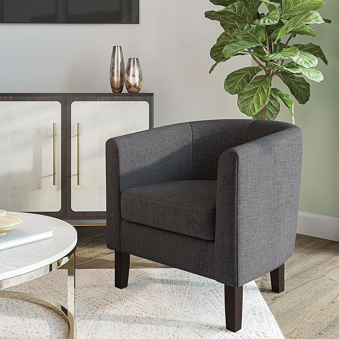 BELLEZE Living Room Chairs Set of 2, Linen Round Accent Barrel Chairs, Club Tub Sofa Chairs for Bedroom, Corner Chairs with Flared Legs and Cozy Soft Padding - Highland (Gray)-Ruum Studio Home