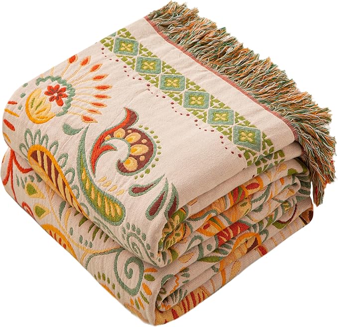 Boho Throw Blanket Twin Size, Soft Cozy Cotton Muslin Quilt Blanket for Bed Decor, Floral Patterned Couch Sofa Chair Cover, Vintage Farmhouse Cottage Tapestry Woven Blanket, Coral&Green-Ruum Studio Home