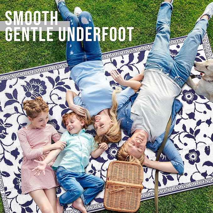 OLANLY Waterproof Outdoor Rug 5x8 ft, Outdoor Plastic Straw Rug with Flower Pattern, Reversible RV Mat for Patio, Camping, Balcony, Deck, Backyard, Navy & White-Ruum Studio Home