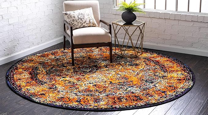 Unique Loom Rosso Collection Vintage, Traditional, Bohemian, Geometric, Border, Distressed, Southwestern Area Rug, 8 ft x 8 ft, Orange/Black-Ruum Studio Home