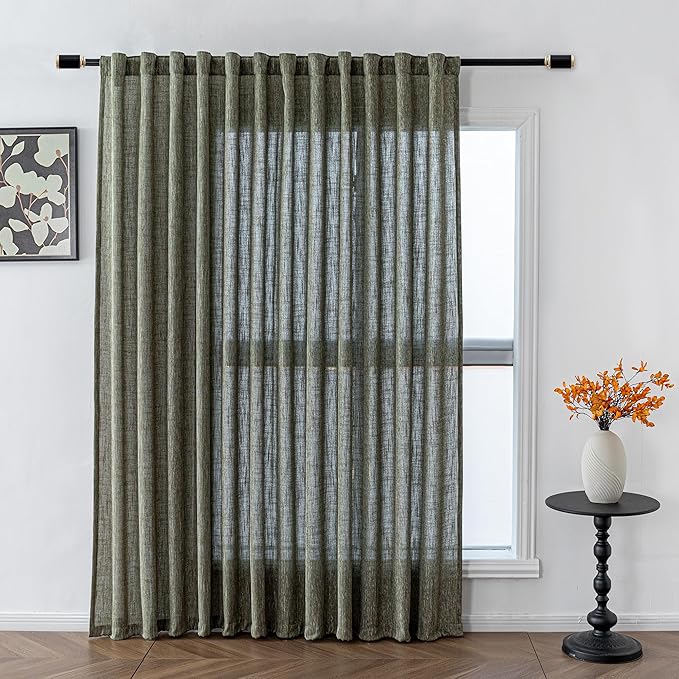 MYSKY HOME 90 Inches Long Living Room Curtains Farmhouse Light Filtering Privacy Curtain Drapes for Patio Door, Linen Look Texture Fabric Bohemian Draperies Soft Touch, 100x90, Olive Green, 1 Panel-Ruum Studio Home