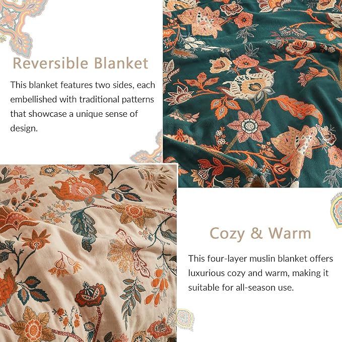Boho Throw Blanket for Couch Sofa Bed, 100% Cotton Woven Quilt with Tassel 80”x90”, Super Soft Muslin Blanket with Floral Printed, Decorative Reversible Bed Blanket/Cover for All Seasons-Ruum Studio Home
