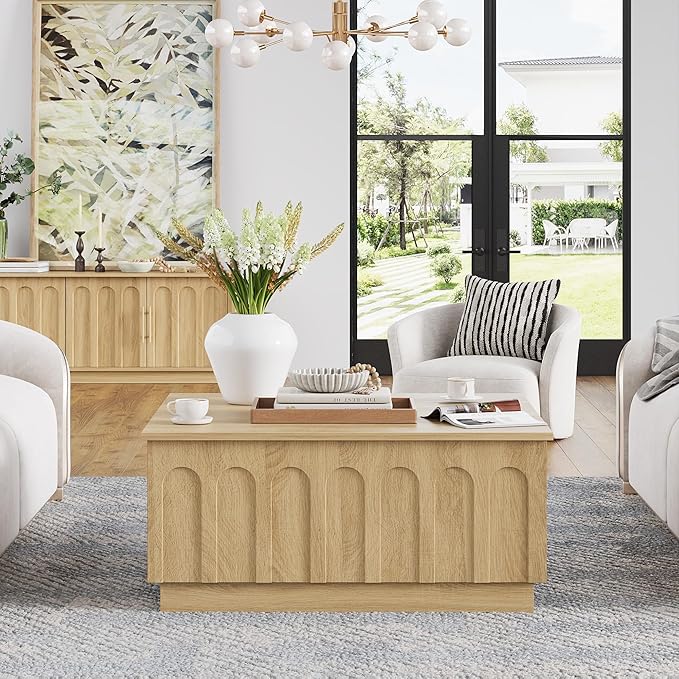 Lift Top Coffee Table with Storage, Modern Coffee Table with Arched Design, 31.5" Square Tea Table with Wood Grain, Boho Multifunctional Center Table for Living Room, Office, Oak-Ruum Studio Home