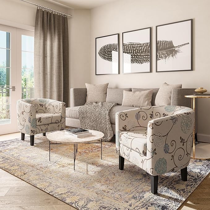 BELLEZE Living Room Chairs Set of 2, Linen Round Accent Barrel Chairs, Club Tub Sofa Chairs for Bedroom, Corner Chairs with Flared Legs and Cozy Soft Padding - Highland (Floral Print)-Ruum Studio Home
