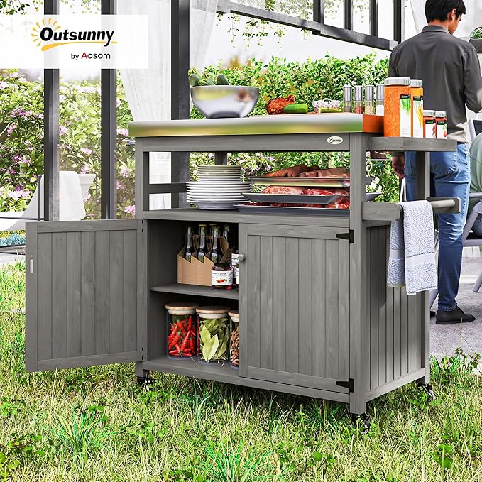 Outsunny Outdoor Grill Cart with Wheels and Storage, Solid Wood Outdoor Kitchen Island with Stainless Steel Top, Movable Bar Cart with Spice Rack, Side Handle, Integrated Hole for BBQ, Gray-Ruum Studio Home