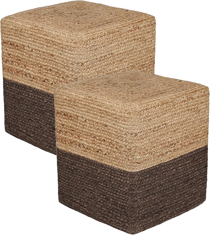 REDEARTH · Cube Pouf Foot Stool Ottoman - Jute Braided Pouffe Poof Accent Sitting Footrest for The Living Room, Bedroom, Nursery, Patio, Lounge - Set of 2 (14.5”x14.5”x16”; Natural Acorn)-Ruum Studio Home