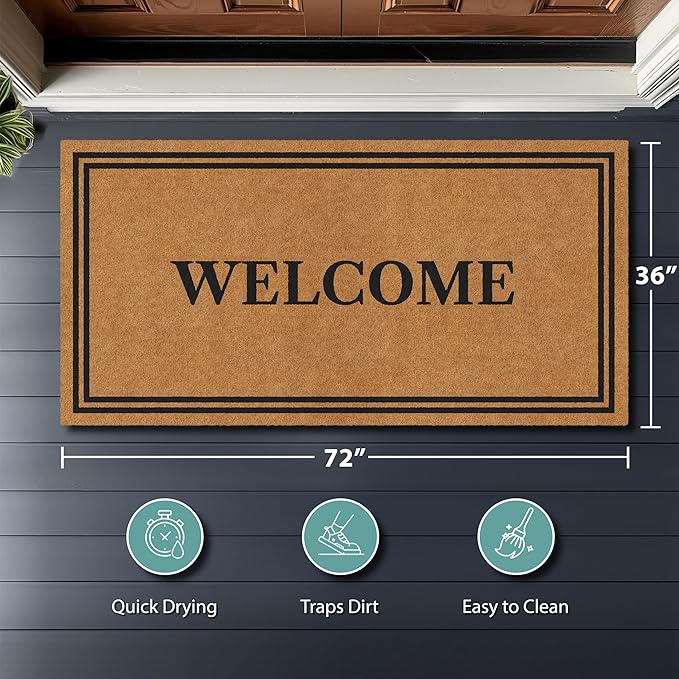 Barnyard Designs Natural Coco Coir Heavy Duty Backing Doormat - Large Cute Non-Slip Front Door Welcome Mat for Outside Entrance or Porch Entry, Brown (36x72, Welcome)-Ruum Studio Home