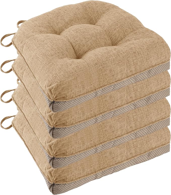 Non Slip Chair Cushions for Dining Chairs Set of 4 Kitchen Chair Cushions 18"x18"x3" Turfted Chair Pads Comfortable and Soft Seat Cushion with Ties, Cappuccino-Ruum Studio Home