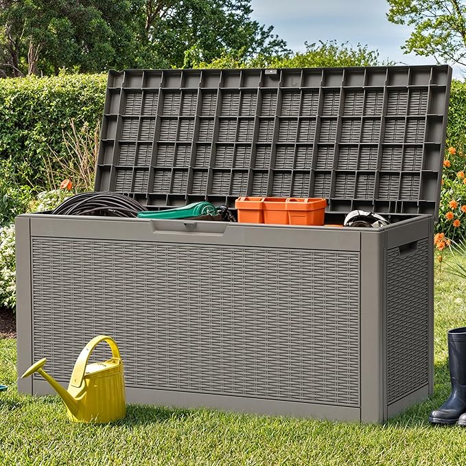 YITAHOME 60 Gallon Resin Deck Box, Weather Resistant Outdoor Rattan Storage Box, Lockable Indoor Outdoor Storage for Supplies and Essentials, Taupe-Ruum Studio Home
