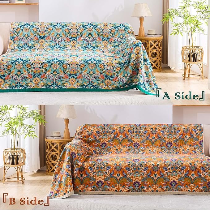 Boho Blanket Throw Quilt, 100% Cotton Soft Light Weight Throw Blankets for Summer, 60"x80" Farmhouse Flower Decorative Blankets, All Season Rustic Reversible Bohemian Throw Quilt-Ruum Studio Home