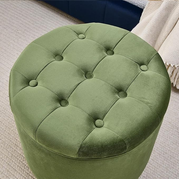 Furniliving Upholstered Button Tufted Round Ottoman, Velvet Storage Ottomans Round, Removable Lid Convenient Footstools, Bedroom Ottoman with Storage for Vanity, Living Room, Green-Ruum Studio Home
