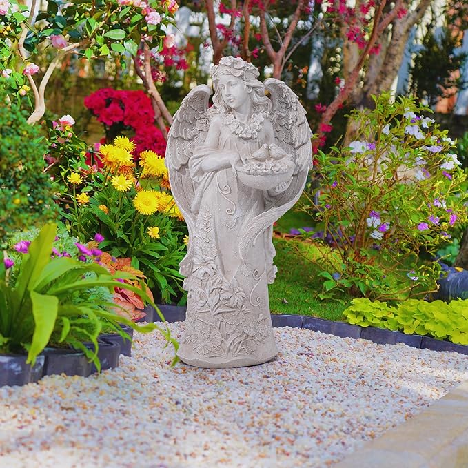 Outdoor Statues Angel Décor Garden Statue,23.5" H Angel Statue, Resin Angel with Bird Figurine,Gifts for Women and Men,Outdoor Garden Decor Ornaments for Outside (White)-Ruum Studio Home
