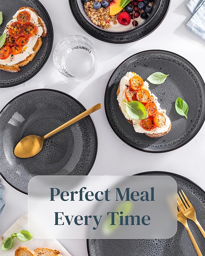 Stoneware dinnerware set 4 persons 12 pcs - Dishwasher, microwave and scratch resistant - Bowl and plate set 4 persons modern - Dinner service Pure Living black in gray…-Ruum Studio Home