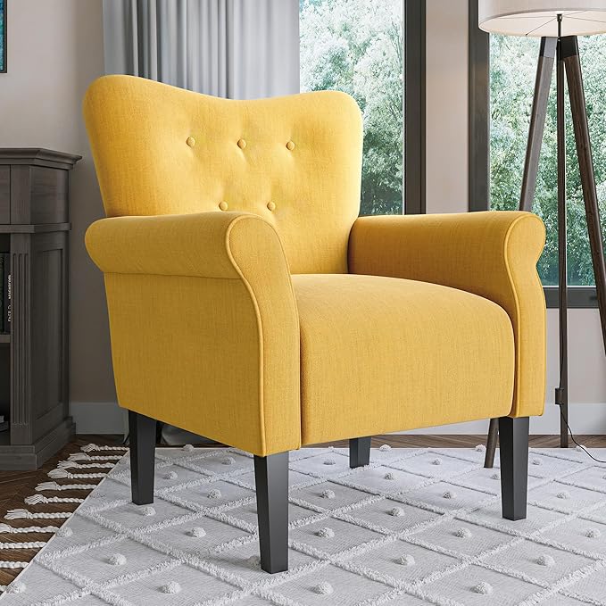 BELLEZE Modern Accent Chair, High Back Armchair, Upholstered Wingback Side Chair, Padded Single Sofa with Wooden Legs for Living Room, Bedroom - Citrine Yellow-Ruum Studio Home
