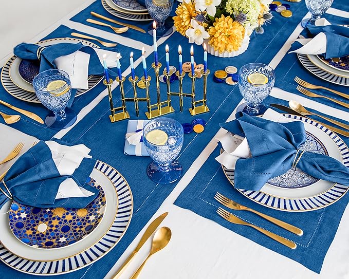 Solino Home Linen Table Runner 48 Inches - 100% Pure Linen Indigo Blue Hemstitch Table Runner 14 x 48 Inch Ideal for Dresser and Coffee Tables - Fall, Autumn - Classic Hemstitch-Ruum Studio Home