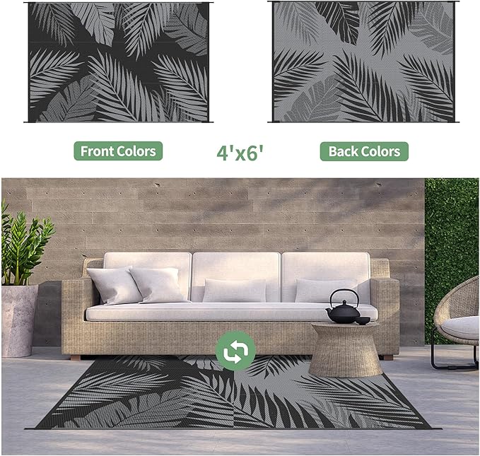 GENIMO Outdoor Rug 4' x 6' Waterproof for Patios Clearance, Reversible Outdoor Plastic Straw Camping Rug Carpet, Large Area Rugs Mats for RV, Camper, Deck, Balcony, Porch, Beach, Picnic, Black&Grey-Ruum Studio Home