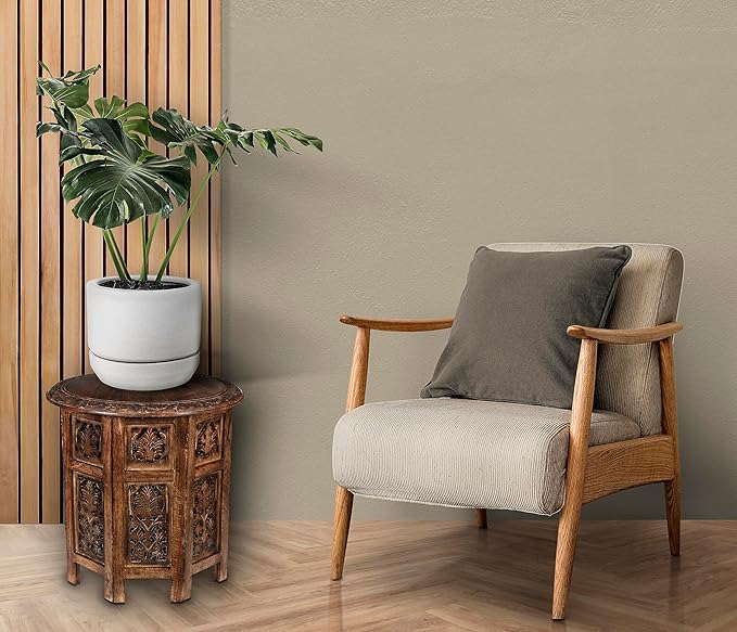 Lightnpro Handcrafted Wooden Round Accent Table - Vintage Farmhouse Octagonal Side End Table with Intricate Carvings for Living Room, Bedroom, Entryway - 18x18 Inch - Burnt-Ruum Studio Home