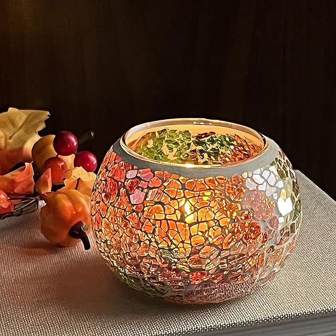 SHMILMH Mosaic Glass Candle Holder Set of 4, Votive Candle Holders Handmade Cracked Tealight Holders for Fall Christmas Diwali Home Decorations, Diwali Gift-Ruum Studio Home