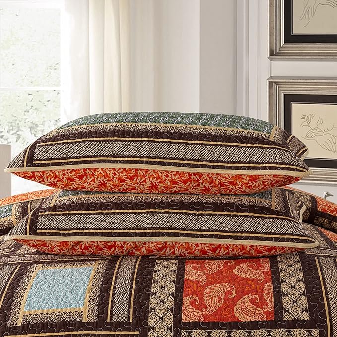 NEWLAKE Cotton Patchwork Bedspread, 3-Piece Bedding Quilt Set with Real Stitched Embroidery, Reversible Matelasse Bed Coverlet Set,Bohemian Farmhouse,Queen Size-Ruum Studio Home