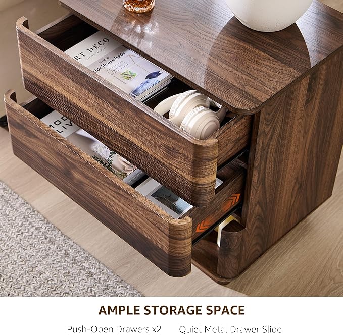 Nightstand Set of 2 with Charging Station, 22" Large Modern Bedside Table with 2 Drawers Storage,Push-to-Open End Table for Bedroom,Living Room,Brown-Ruum Studio Home