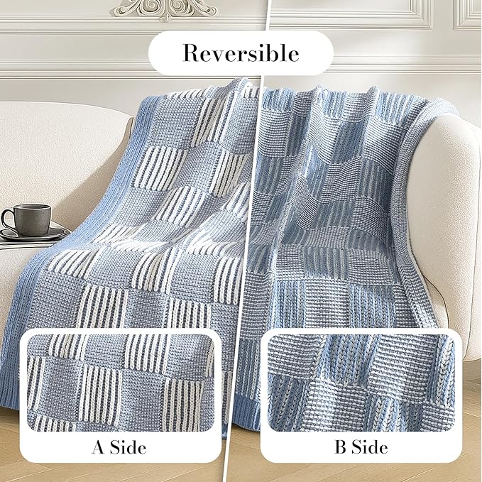Amélie Home Chenille Knit Throw Blanket for Couch, Checkered Texture Decorative Soft Blanket for Sofa, Bed & Living Room, 50"x60", Blue & White-Ruum Studio Home