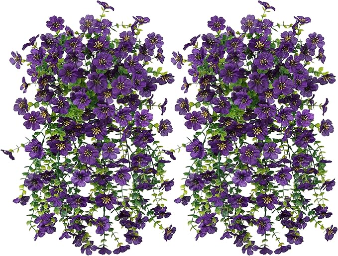 Artificial Faux Hanging Flowers Plants for Spring Outdoor Outside Decoration, 2 PCS Fake Silk Daisy with Eucalyptus UV Resistant Realistic Trailing Vines for Balcony Patio Porch (Dark Purple)-Ruum Studio Home