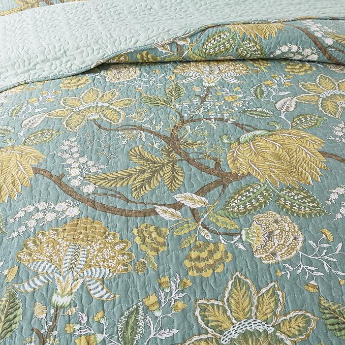 NEWLAKE Cotton Bedspread Quilt Sets-Reversible Patchwork Coverlet Set, Green Floral Pattern, King Size-Ruum Studio Home