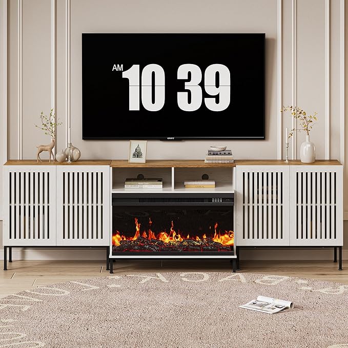 3-Sided Glass Farmhouse Fireplace TV Stand for TVs Up to 100 Inch, Entertainment Center with 36" Electric Fireplace, TV Console with Storage Cabinets for Living Room, Antique White-Ruum Studio Home