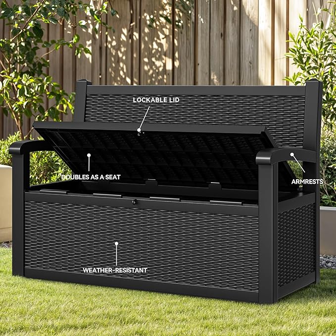 YITAHOME 70 Gallon Storage Bench Deck Box, Lockable Patio Bench, Waterproof Outdoor Pool Deck Storage for Patio Cushions, Garden Tools and Pool Supplies, Black-Ruum Studio Home