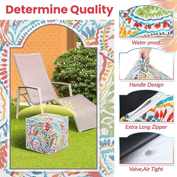 Juexica 1 Pack Ottoman Poufs Indoor Outdoor Inflatable Ottoman Stool Cube Pouffe Square Footstool with Handle for Patio Garden Home Boho Decorative Living Room, Bedroom (16 x 16 x 16 Inches)-Ruum Studio Home