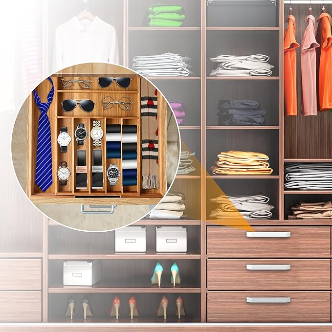 Bellsal Large Premium Acacia Wood Silverware Organizer - Expandable Utensil Drawer Organizer - 17"x19.6" Utensil Holder and Cutlery Tray with Grooved for Kitchen Flatware Utensils(7-9 Slot, Acacia)-Ruum Studio Home
