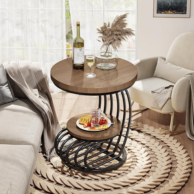 Tribesigns Round End Side Table: 2 Tiers Side Table Set of 2, Vintage End Table for Living Room, Small Bedside Table Accent Table with Arc-Shaped Frame, Light Brown-Ruum Studio Home