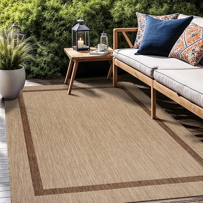 Bordered Outdoor Rug 10x14 Washable Outside Carpet for Indoor Patio Porch Waterproof Easy Cleaning Non Shedding Area Rugs Jute Beige - Nut Brown 10 x 14-Ruum Studio Home