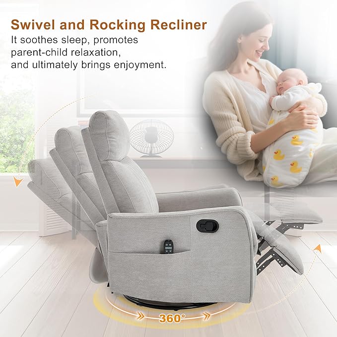 Manual Swivel Rocker Recliner Chair for Adults, Overstuffed Reclining Glider Chair for Nursing with Vibration Massage & Heat, Living Room Rocking Recliner 2-Stage backrest, Chenille Fabric Light Gray-Ruum Studio Home