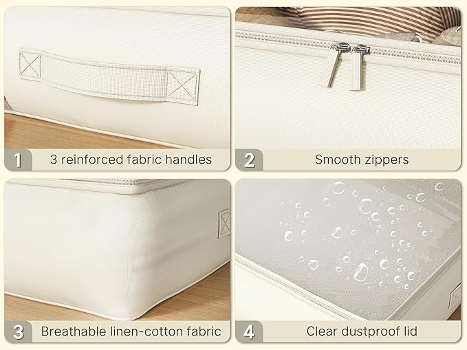 Soft-Sided Foldable Under bed Storage Bags with Window,No Rigid Frame Closet Organizers,Storage Containers for Blankets, Clothing, Comforter, Collapsible Fabric Design,4 Pack, White Ivory-Ruum Studio Home