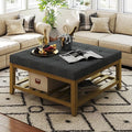 Large Square Ottoman Coffee Table, Linen Solid Upholstered Footrest Ottoman with Solid Wood Shelf Storage Tufted Coffee Table for Bedroom Living Room, Dark Gray-Ruum Studio Home