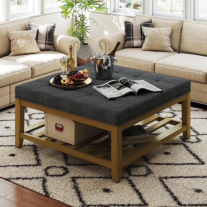 Large Square Ottoman Coffee Table, Linen Solid Upholstered Footrest Ottoman with Solid Wood Shelf Storage Tufted Coffee Table for Bedroom Living Room, Dark Gray-Ruum Studio Home